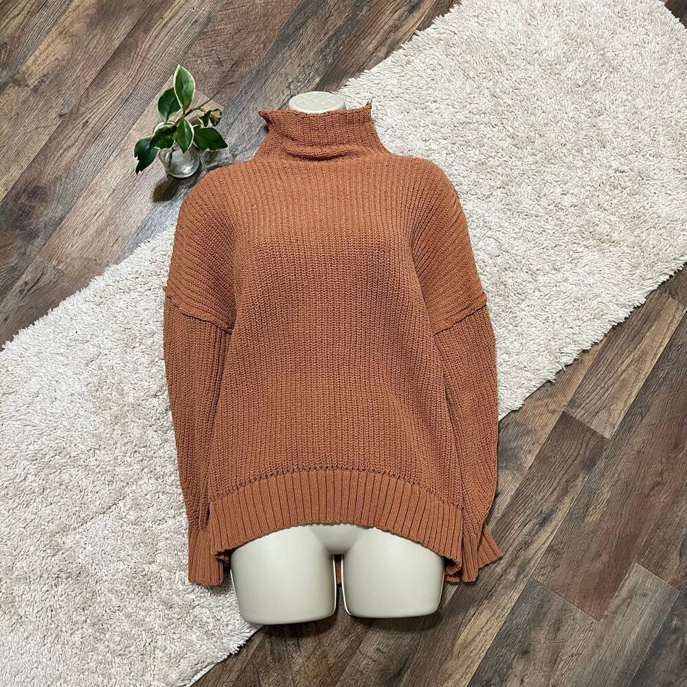 Aerie Size Small Oversized Brown Drop Shoulder Exposed Seam Turtleneck Sweater